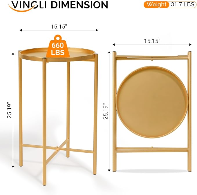 VINGLI Round Metal Side Table with Removable Tray, Outdoor Patio Coffee Table, Waterproof End Table for Small Spaces, Outdoor Patio, Living Room, Bedroom, Balcony (X-Brace & Non-Slip Pads) (1, Gold)