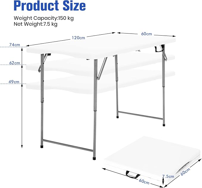 TANGZON 4FT Folding Picnic Table, 3 Adjustable Heights Camping Table with Carry Handle, Indoor Outdoor Dining Table for BBQ Catering Buffet Party, 150KG Capacity (Grey Feet, 120 x 60 x 49/62/74cm)