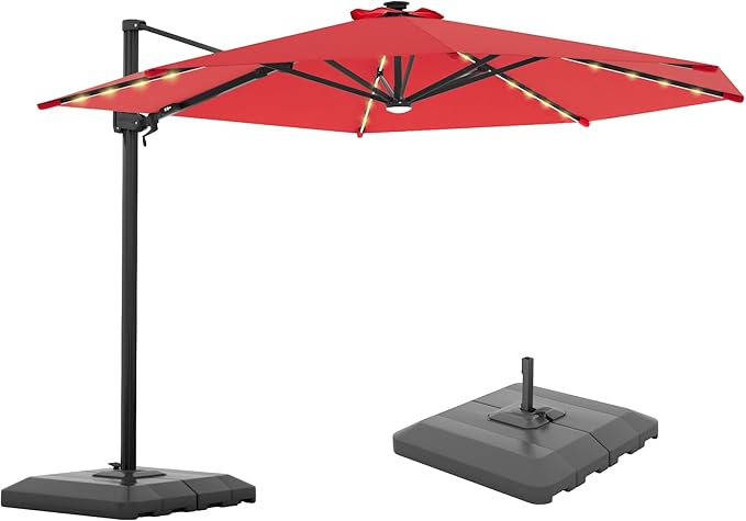 FLAME&SHADE 11ft Cantilever Patio Umbrella with Base, Round Offset Umbrella with Solar Light Strips, Large Heavy Duty Outdoor Aluminum 360° Rotation,for Deck,Pool,Backyard