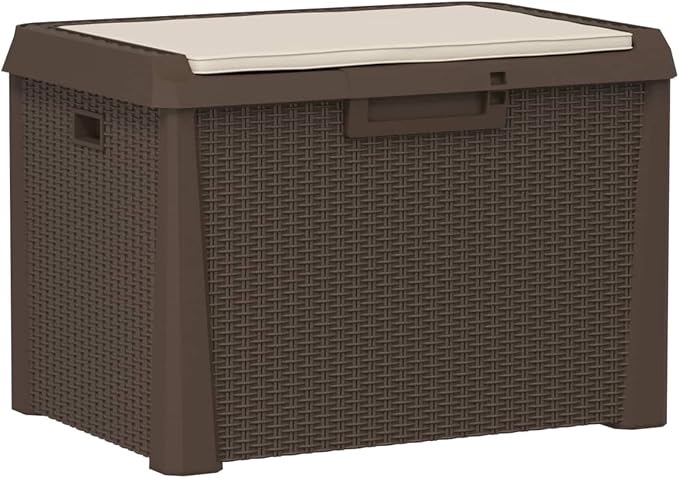 Gecheer Patio Rattan Deck Box Patio Storage Box with Seat Cushion Brown 33 gal p p