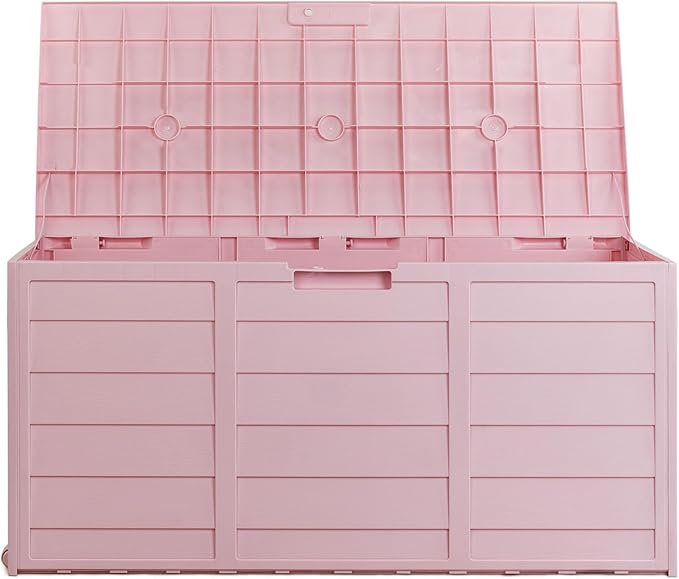 75 Gallon Deck Box Organizer with Wheels, Doubles as 2-Person Bench Seat, Large Plastic Outdoor Storage and Seating with Lockable Lid for Garden, Pool, and Patio (Pink)