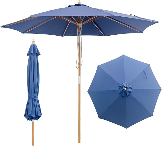 9FT/10FT Bamboo Patio Umbrella, Large Outdoor Umbrella with UPF 50+ Sun Protection, Rope Pulley Lift & Push-Button Tilt, 8-Rib Ventilated Canopy for Garden, Deck, Backyard & Outdoor Dining