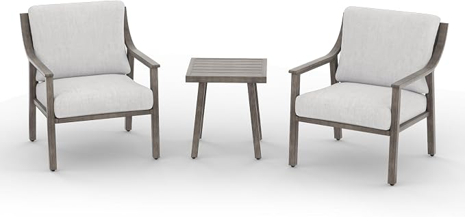3-Piece Patio Conversation Set Aluminum for Outdoor Porch, Deck,(Grey) | All-Weather Aluminum Outdoor Conversation Set 1 Side Table and 2 Cushioned Armchairs rustproof