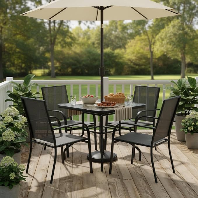 Tangkula 32-Inch Square Patio Dining Table with Tempered Glass Top, Metal Frame Outdoor Bistro Table with Umbrella Hole, Outside Table for Garden Poolside Balcony Yard