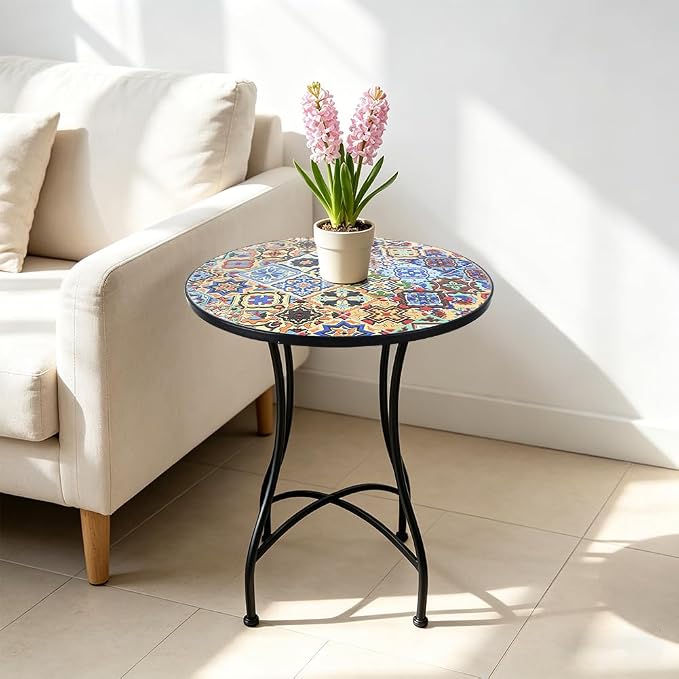 23.6" Outdoor Patio Mosaic Round Table Garden Bistro Accent Table | Ceramic Tile Waterptoof Side End Table Metal Frame Dining Table Furniture for Balcony Backyard Porch Poolside Terrace