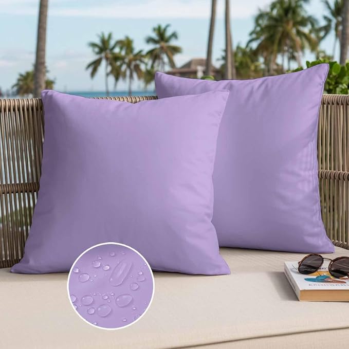 Minimalist Solid Color Outdoor Waterproof Throw Pillow Covers Set of 2, 26"x26", Pure Lavender Purple Simple Decorative Pillow Covers Outside Cushion Case for Patio Porch Garden