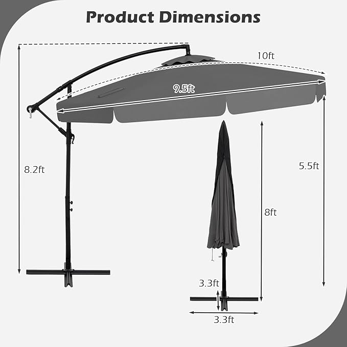 Tangkula 10FT Offset Hanging Umbrella with Cover, Patio Cantilever Umbrella w/ Easy Tilt Adjustment, Crank, Ruffled Edge, 8 Ribs, Sun-Protective Canopy, Heavy-Duty Outdoor Parasol for Pool Garden Deck (Gray)