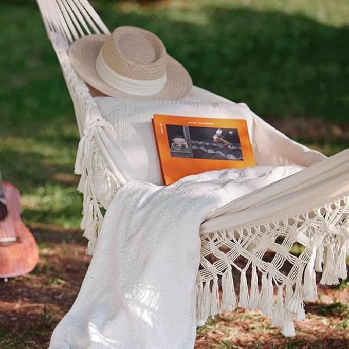 Double Hammock with Tassels, Boho Hammock, 450 lbs Capacity Indoor Outdoor Hanging Bed for Patio, Garden, Camping, Beach, Bedroom