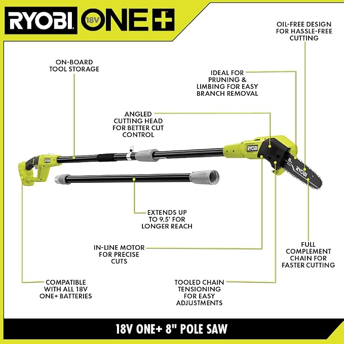 RYOBI ONE+ 18V 8 in. Cordless Oil-Free Pole Saw with 1.5 Ah Battery and Charger (Renewed)
