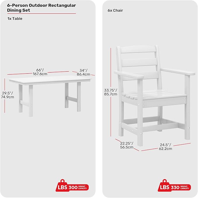 Costaelm Palms 7-Piece HDPE Outdoor Rectangular Patio Dining Table Set, White