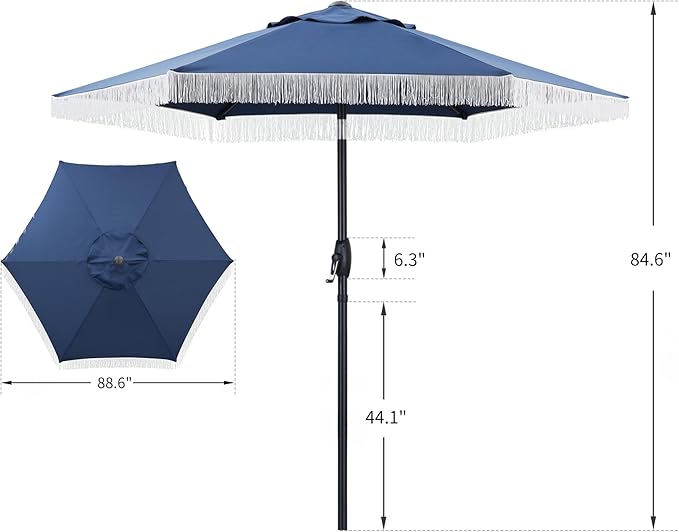 GDY 7.5FT Tassel Patio Umbrella Outdoor Table Umbrella,Market Umbrella with 6 Sturdy Ribs, with Push Button Tilt and Crank for Garden, Lawn, Deck, Backyard & Pool (Dark Blue)
