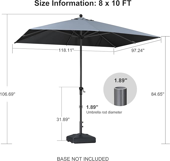 PURPLE LEAF 10' x 8' Patio Market Umbrella Outdoor Table Sun Umbrellas with Crank 8 Aluminum Sturdy Ribs for Pool Deck Backyard Beach Light Gray