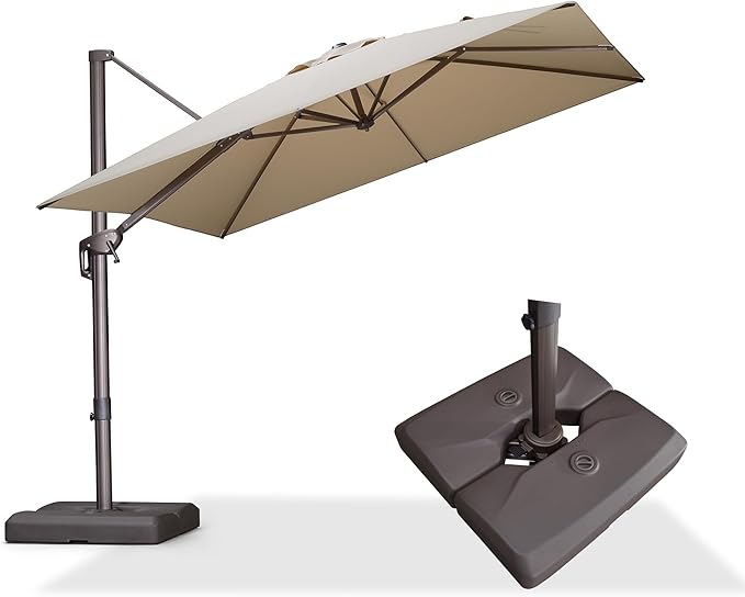 PURPLE LEAF 9' X 9' Patio Umbrella With Base Antique Bronze Square Cantilever Umbrella Outdoor with 360° Rotation and Aluminum Offset Hanging for Pool Deck Garden Backyard, Beige