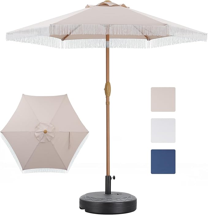 GDY 7.5 ft Tassel Patio Umbrella, Fringe with Umbrella Base - Stylish Beach, Pool, and Yard Umbrella for Ultimate Outdoor Decor, Khaki