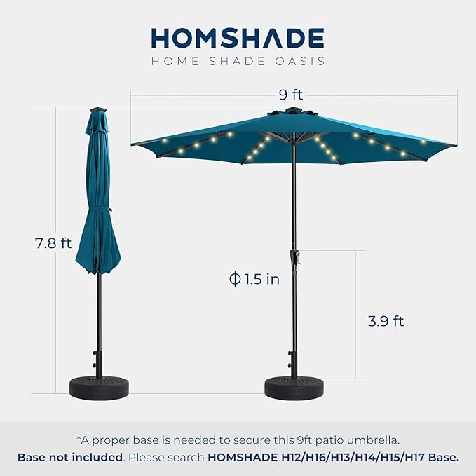 HOMSHADE 9ft Solar Patio Umbrella - Solar Lights LED Lighted Outdoor Market Table Umbrella, UPF50+ UV Protection with Push Button Tilt, Crank for Pool Deck and Garden (Peacock Blue)