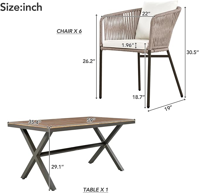 7PCS Outdoor Dining Set, Patio Table and Chairs Set for 6, Rope Weaving Patio Chairs with Thickened Cushions & Rectangular Dining Table with Metal Frame and Acacia Wood Tabletop, Beige