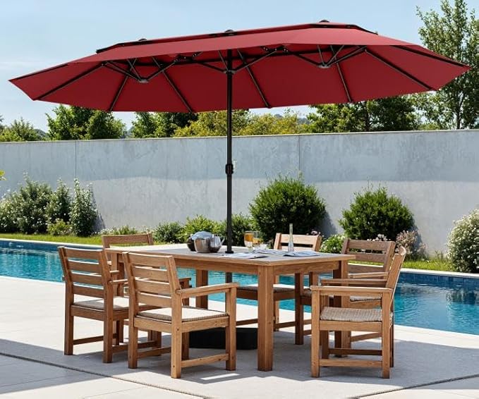 PHI VILLA 15ft Large Patio Umbrellas with Base Included, 2-Tier Outdoor Double-Sided Rectangle Market Umbrella with Stand, Outside Umbrellas for Poolside Lawn Backyard, Wine Red