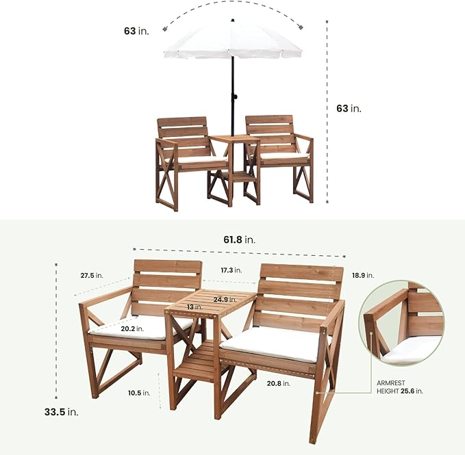 Hanover 33.5" x 27.5" Wood Outdoor Conversation Set with Two Seats, Table, and Umbrella