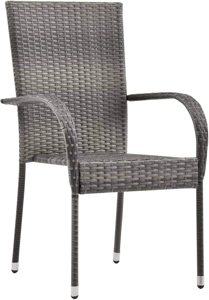 7 Piece Patio Dining Set Gray Poly Rattan Outdoor Furniture with Tempered Glass Tabletop and Stackable Chairs