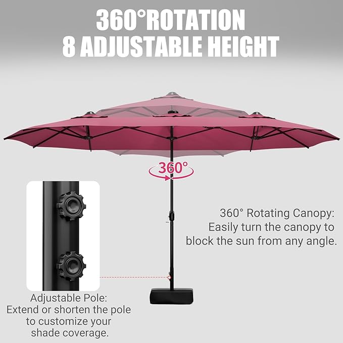 LEVELEVE 15FT Double-Sided Patio Umbrella with Base Included, Large Outdoor Rectangular Market Umbrella for Backyard, Poolside, Lawn & Garden,Red