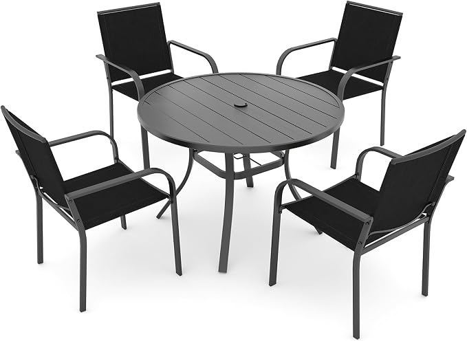 Anmutig 5 Piece Patio Dining Set 41 Inch Round Table Stackable Chairs Black | Powder-Coated Steel Frame, Quick-Dry Textilene Mesh, Dual-Size Umbrella Hole, Weather Resistant, Patio, Garden, Backyard