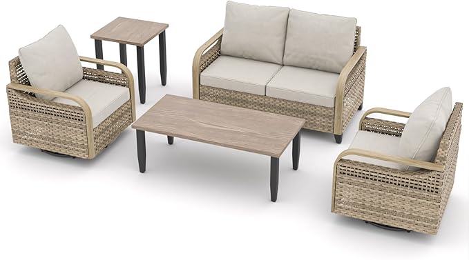 EAGLE PEAK Modern Wicker Outdoor Patio Furniture Set, Patio Conversation Set, 2 Swivel Rocking Chairs, 2-Seat Loveseat, Coffee Table and Side Table, 5 Pieces, Brown/Gray