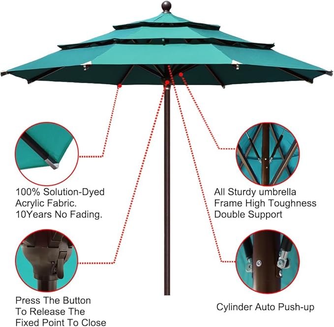 EliteShade USA 10-Year-Non-Fading 11ft 3-Tier Market Patio Umbrella, Commercial Grade Outdoor Table Umbrella with Cylinder Push-Up, Windproof & UPF 50+ UV Protection, Heavy Duty Ventilation for Garden, Deck, Pool, Backyard, Beach & Bistro, Teal