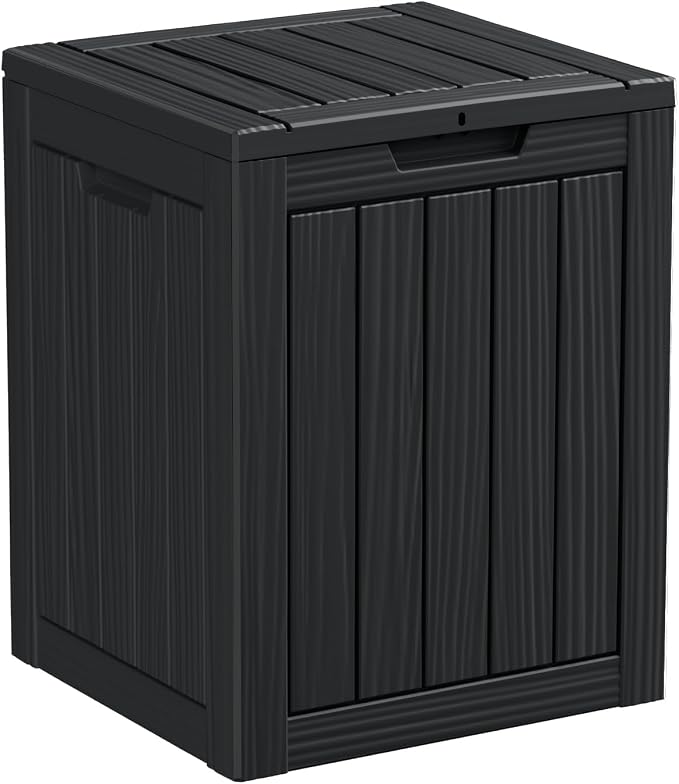 30 Gallon Waterproof Outdoor Resin Deck Box with Lockable Lid, Minimalist Wood Grain Pattern, Easy Assembly Features and Convenient Handles For Cushion, Pillows and other Patio Furniture (Black)