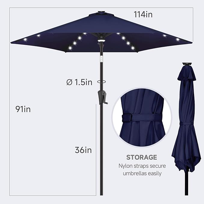 FLAME&SHADE 10ft Solar Outdoor Umbrella - 24 LED Lighted Patio Umbrella with Centre Surround Light, Table Umbrellas with Tilt & Crank for Pool, Porch, Garden, Deck, Backyard UV Protection (Navy Blue)