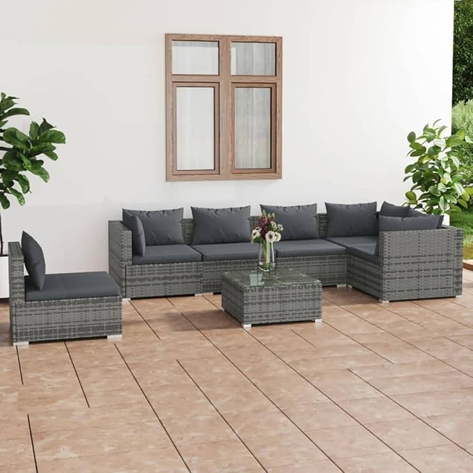 7 Piece Patio Lounge Set with Cushion, Patio Lounge Set Piece Patio Set Outdoor Patio Sectional Furniture Conversation Sets s Poly Rattan Gray
