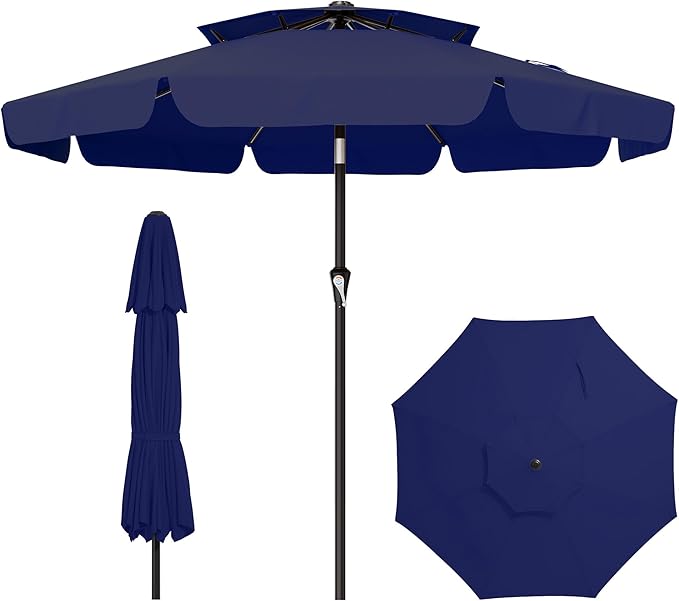 AreShark 9ft 2-Tier Patio Umbrella with Valance - Outdoor Umbrella Waterproof UV Protection, Market Table Umbrella w/Push Button Tilt&Crank for Pool, Porch, Garden(Navy)