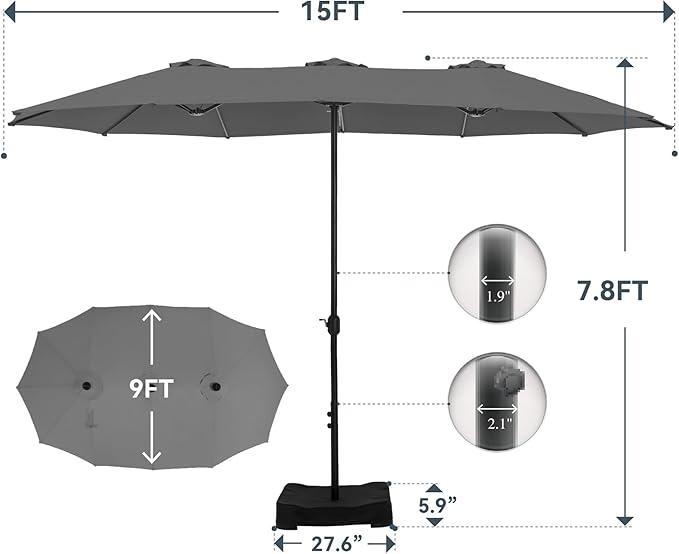 GREEN PARTY 15 ft Rectangular Patio Umbrella with Base Included, Large Double-Sided Outdoor Table Umbrella with Crank, 1.9" Pole UPF 50+ UV Resistant for Pool Deck Backyard Garden, Smoky Gray