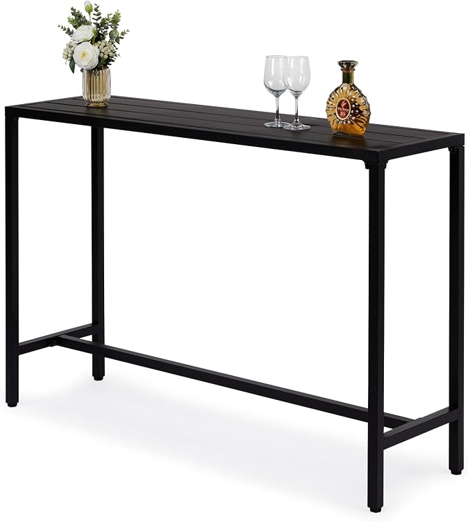 55in Patio Bar Tables,Outdoor Rectangle Narrow Counter Height Table,Metal Bar Height Tables,Indoor Bistro Cocktail Table,with Adjustable Feet,for Patio Garden Deck Yard Poolside Balcony (Black)