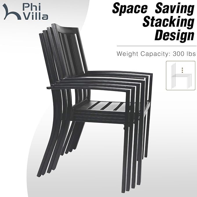PHI VILLA Outdoor Dining Set for 8,57.5" Wood-Like Metal Table | Brown Square Metal Steel Table&Stackable Wrought Iron Chairs,Patio Furniture Set for Patio, Deck, Yard, Porch