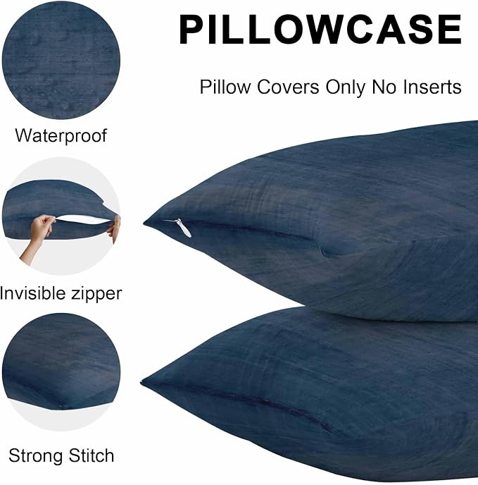 Vandarllin Outdoor Throw Pillows Covers 20x12 inch Set of 2 Waterproof Navy Blue Linen Decorative Zippered Cushion Covers for Patio Furniture, Solid Color Texture Lumbar Pillowcases