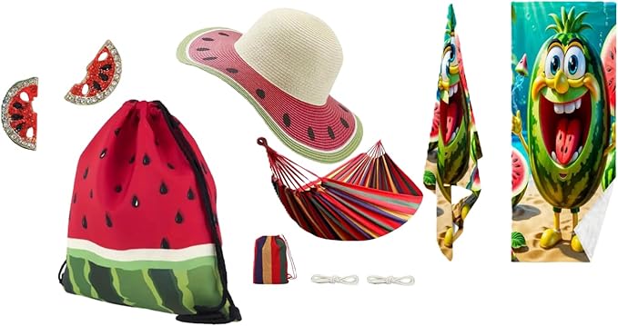 Generic Rainbow Pattern Hammock, Includes Shoulder Bag, Giant Size Towel, Watermelon Pattern Straw Hat, Watermelon Shaped Earrings. Maximum Weight Recommendation: 450 Pounds.