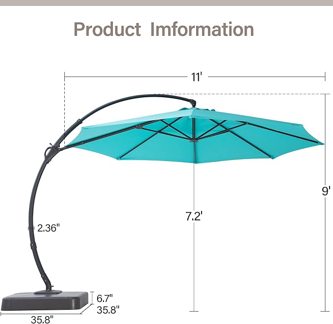 LAUSAINT HOME 11FT Curvy Cantilever Patio Umbrella with Base, 360° Rotation Offset Outdoor Umbrella, Heavy Duty Hanging Umbrella for Backyard, Pool, Garden（Turquoise Blue）