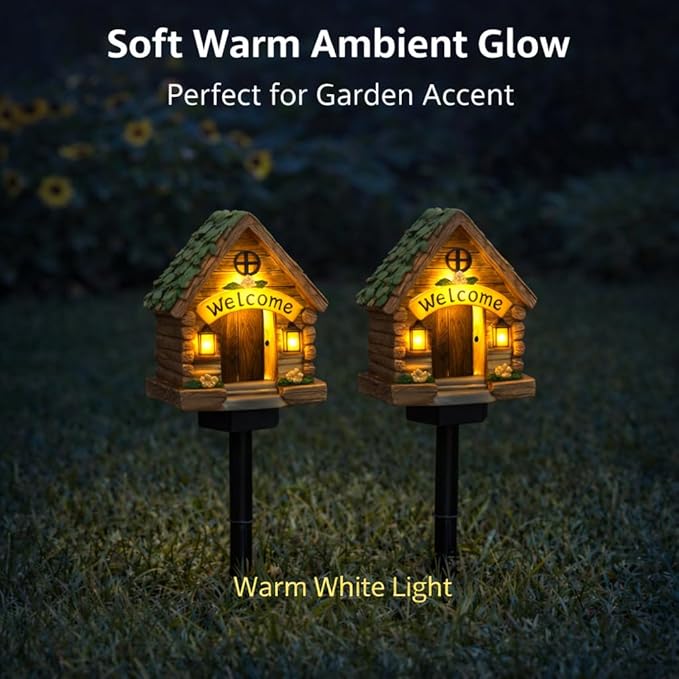 Solar Garden Lights Outdoor, 2 Pack Decorative Solar Fairy House Pathway Lights Waterproof, Resin Garden Lights for Yard Lawn Patio Decor