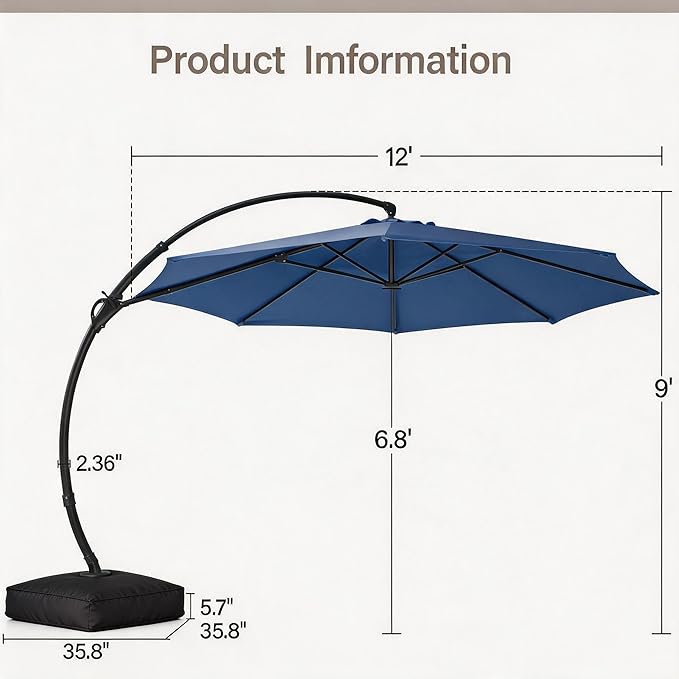 LAUSAINT HOME 12ft Patio Cantilever Umbrella with Base Included, Outdoor Curvy Round Offset Umbrella, Heavy Duty Aluminum, 360° Rotation for Pool, Deck, Lawn, Backyard (Navy blue)