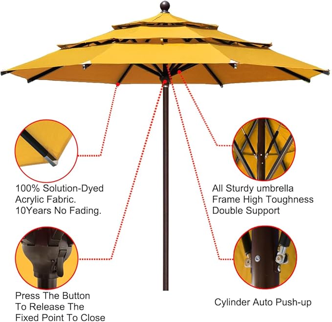 EliteShade USA 10-Year-Non-Fading 11ft 3-Tier Market Patio Umbrella, Commercial Grade Outdoor Table Umbrella with Cylinder Push-Up, Windproof & UPF 50+ UV Protection, Heavy Duty Ventilation for Garden, Deck, Pool, Backyard, Beach & Bistro, Sunflower Ye...