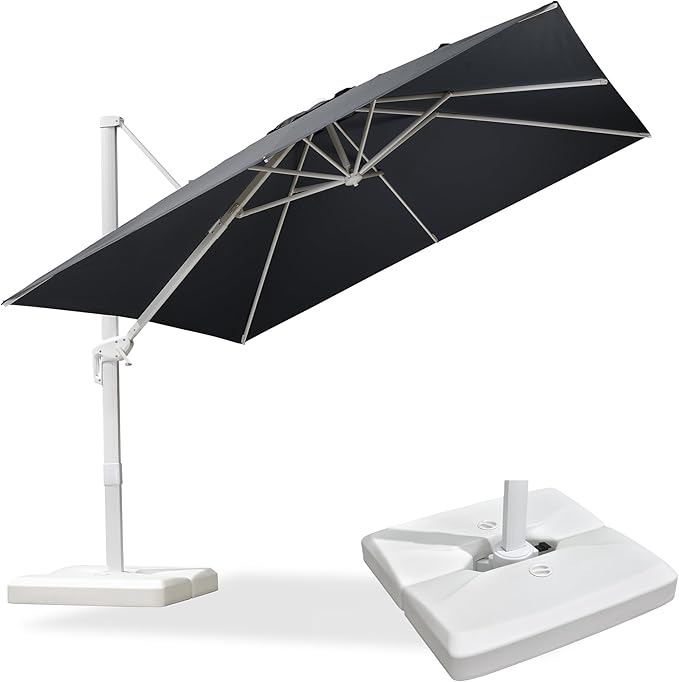 PURPLE LEAF 10 FT Patio Umbrella With Base White Cantilever Umbrella Square Outdoor Offset Windproof with 360° Rotation for Garden Deck Pool, Grey