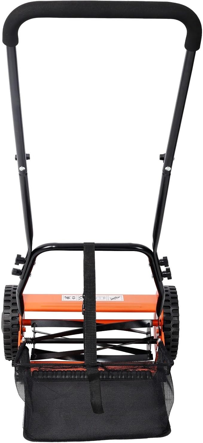 14-Inch 5-Blade Push Reel Lawn Mower with Grass Catcher, Adjustable Height 0.6-1.8 Inch, Manual Hand Push Mower with Heat-Treated Alloy Steel Blades, Gas-Free Grass Cutter, Orange