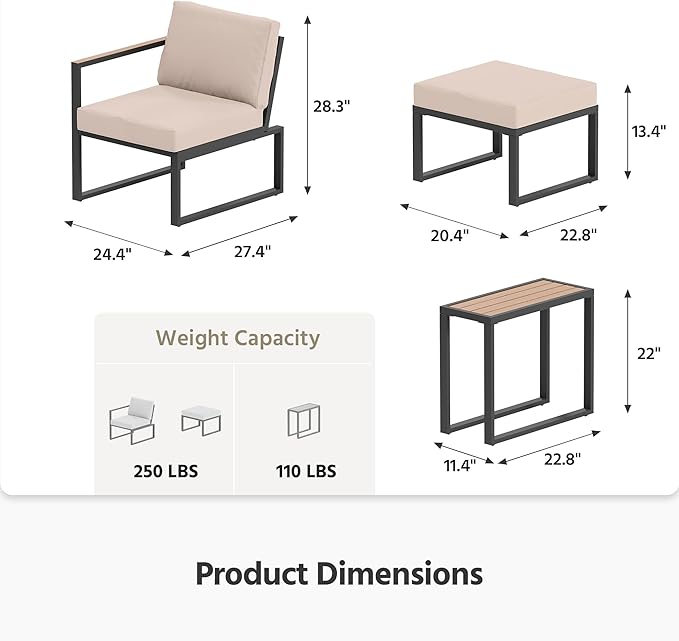 LAUSAINT HOME 5 Pieces Outdoor Conversation Set, Metal Patio Chairs with Thick Cushions 2 Ottomans&Side Table for Backyard, Poolside, Porch, Balcony (Beige)
