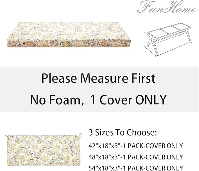 FUNHOME Outdoor Bench Cushion Cover 48 x18 x 3 inch,Water Resistant Cover with Zipper&Ties,Fade-Resistant Slipcover,Patio Porch Swing Cushion Cover Replacement Only,No Insert(Yellow Flower)