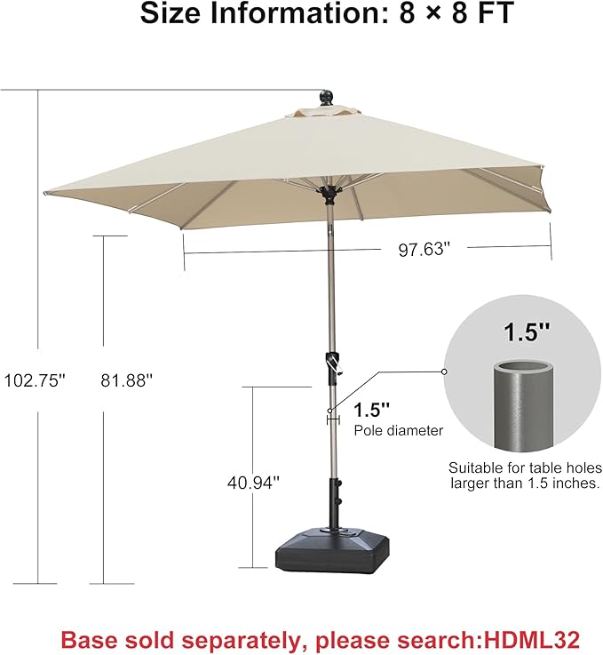 PURPLE LEAF 8' x 8' Square Patio Umbrella with Tilt Adjustment, Outdoor Table Umbrella Champagne Aluminum Frame, Market Umbrella Pool Umbrella for Deck Garden, Patio, or Lawn