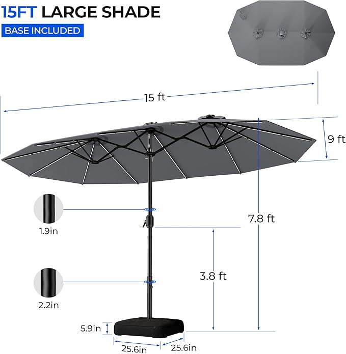 HOMSHADE Double Sided Patio Umbrellas with Base - 15ft RGB Multi-Color Flowing LED Lights Outdoor Extra Large Market Table Umbrella w/Stand, Oversized Umbrella for Deck, Pool, Backyard, Grey