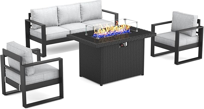 Outdoor Aluminum Furniture Set with Fire Pit Table - 4 Pieces Modern Patio Conversation Sets Metal Sectional Sofa Set