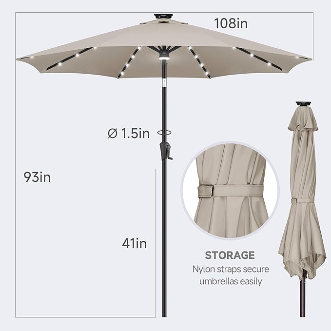 FLAME&SHADE 9 FT outdoor umbrella with 40LED lights, solar light patio umbrella with Centre Surround Light, Table Market Umbrella Outdoor Patiofor Deck, Pool, Backyard, Garden (Taupe)