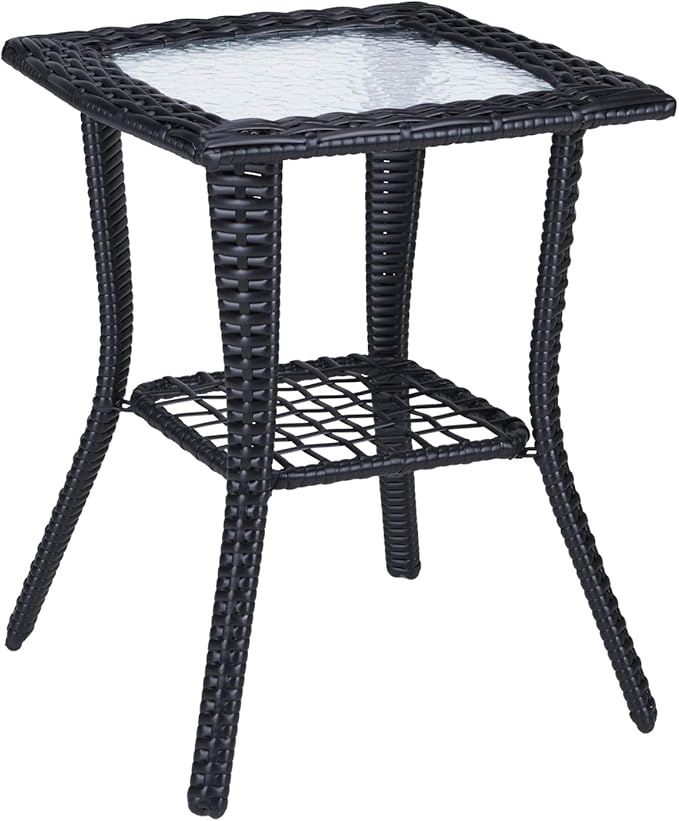 Outdoor Wicker Side Table with Tempered Glass & Lower Storage Shelf, All-Weather Rattan Side Table Wicker Patio Table, for Outdoor Patio, Porch, Garden, Indoor, Black