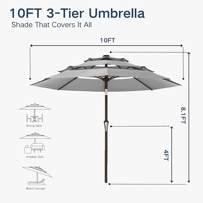 10FT Patio Umbrella 3 Tiers Outdoor Market Umbrella w/Push Button Tilt, Crank, UV and Waterproof Table Umbrella for Garden, Pool, Backyard, Deck, Lawn, Light Gray